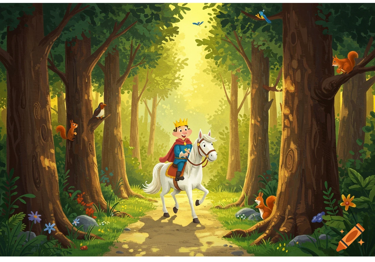 A cartoon prince on a white horse rides through a sunny forest path, with squirrels and birds watching, in a childish illustration style.