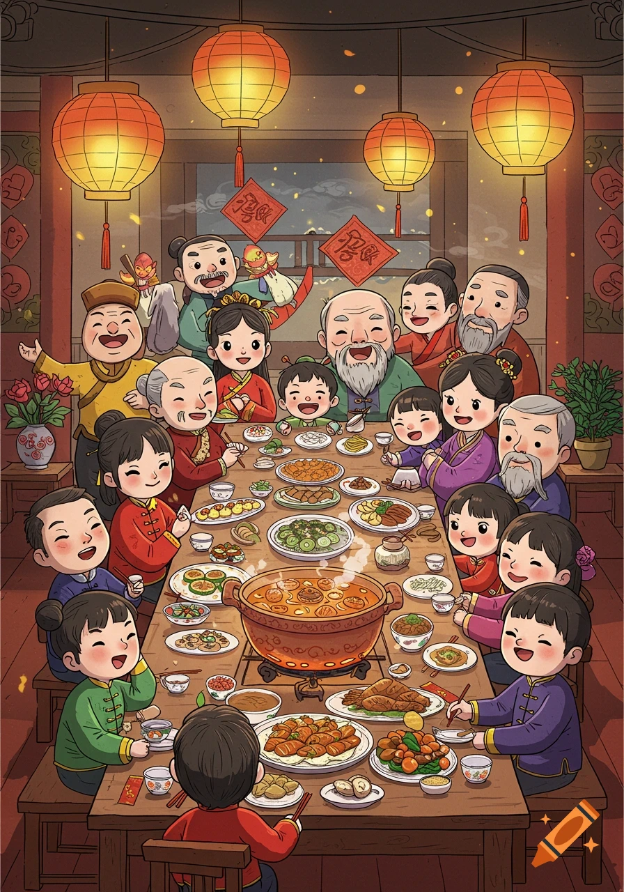 A large, smiling Chinese family in cartoon style enjoys a festive meal around a table decorated with lanterns.