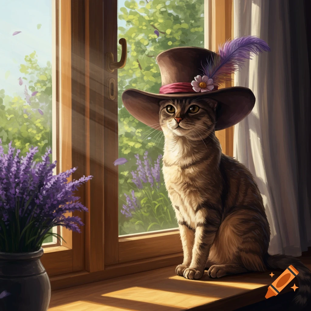 A tabby cat wearing a brown top hat with a purple feather and white flower sits on a sunlit windowsill next to a vase of lavender, with a garden visible outside.