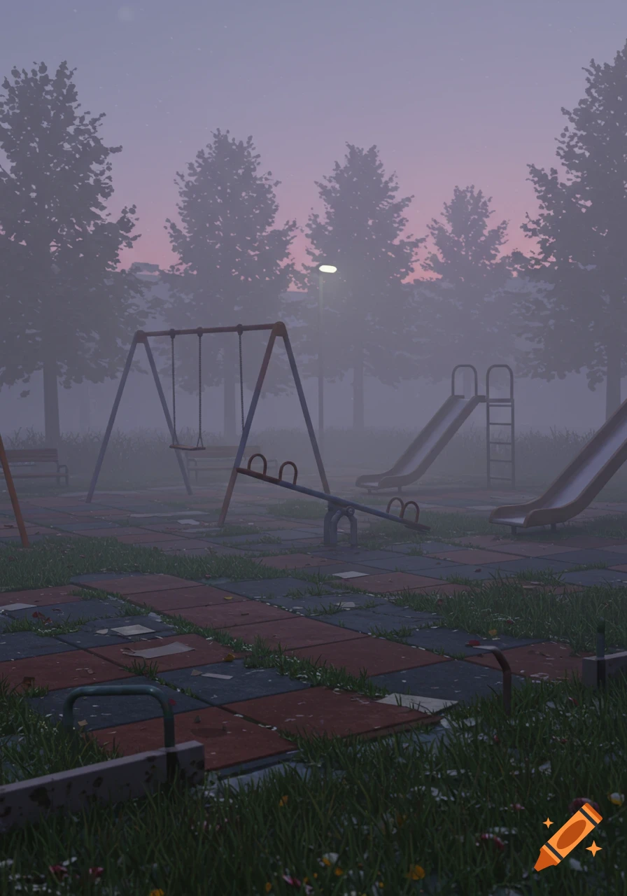 An empty, eerie playground at twilight, with swings, a seesaw, and slides shrouded in mist. The scene has a low-poly PS1 graphic style.