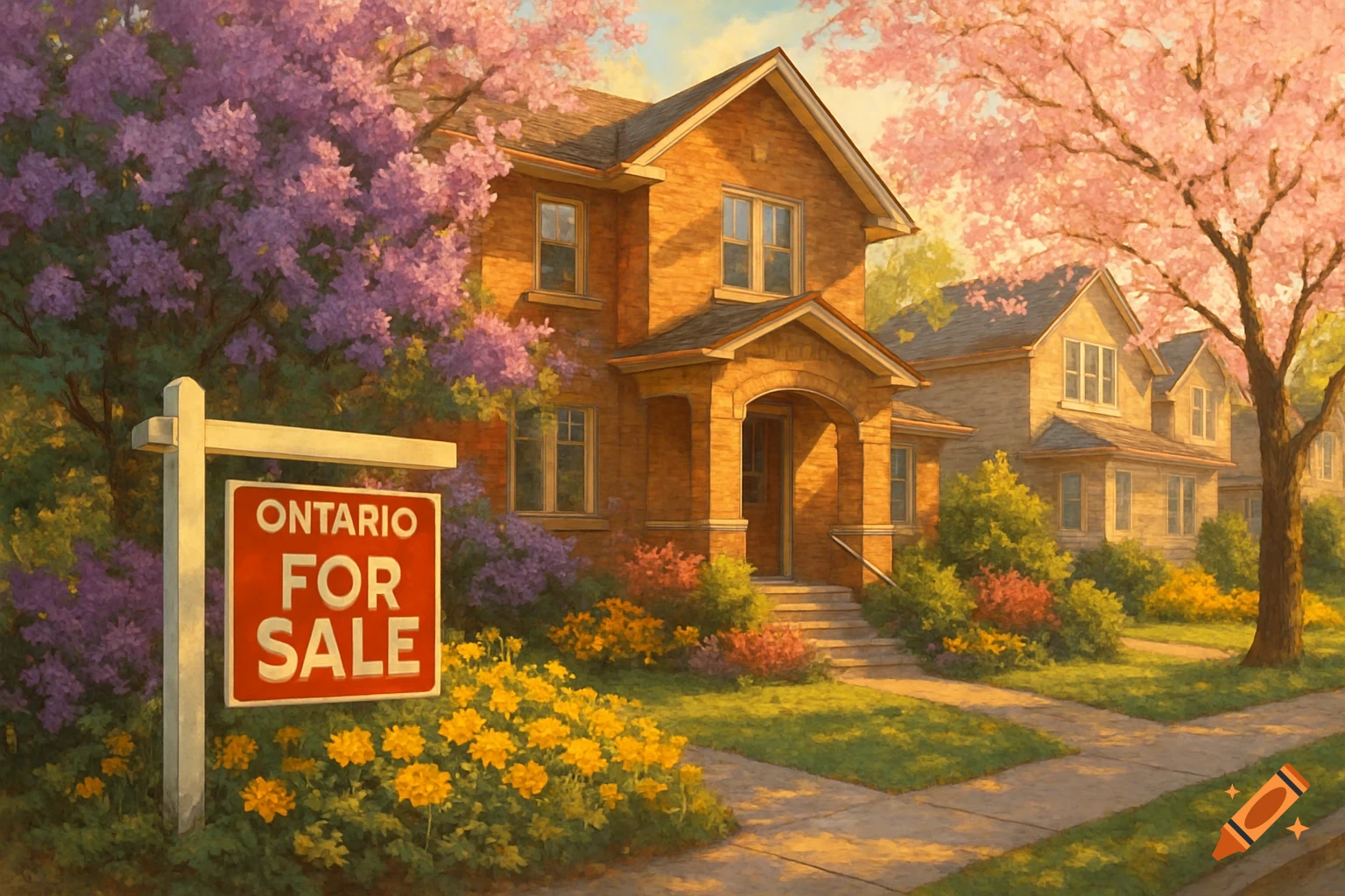 A brick house with a red 'ONTARIO FOR SALE' sign in the front yard, surrounded by colorful flowers and blooming trees, in a painterly style.