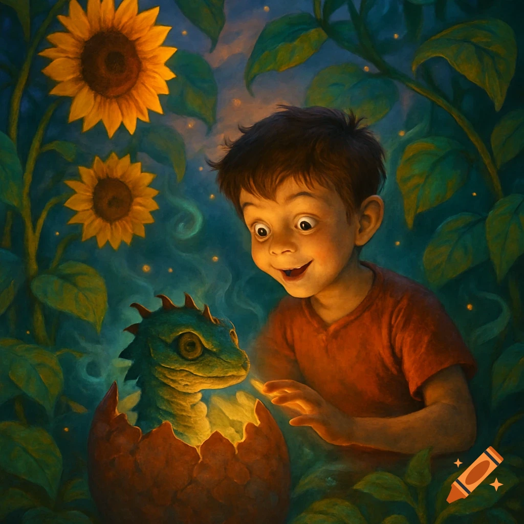 A wide-eyed boy gazes in wonder at a glowing baby dragon hatching from an egg in a magical forest with giant sunflowers.