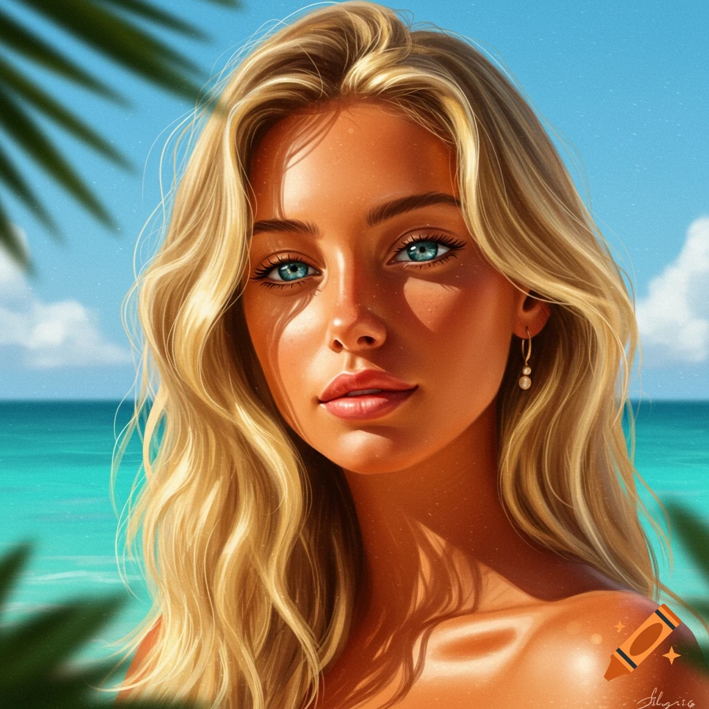 Stylized digital art portrait of a tanned blonde woman with blue eyes and wavy hair at a tropical beach.