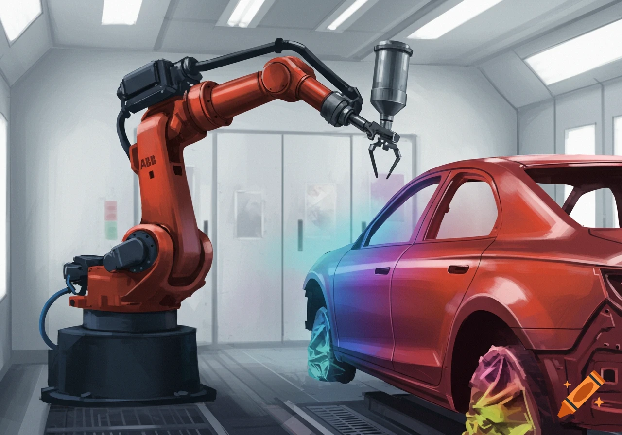 A red ABB robotic arm paints a red car body with a spray gun in a brightly lit industrial paint booth, rendered in a 2D illustration style.