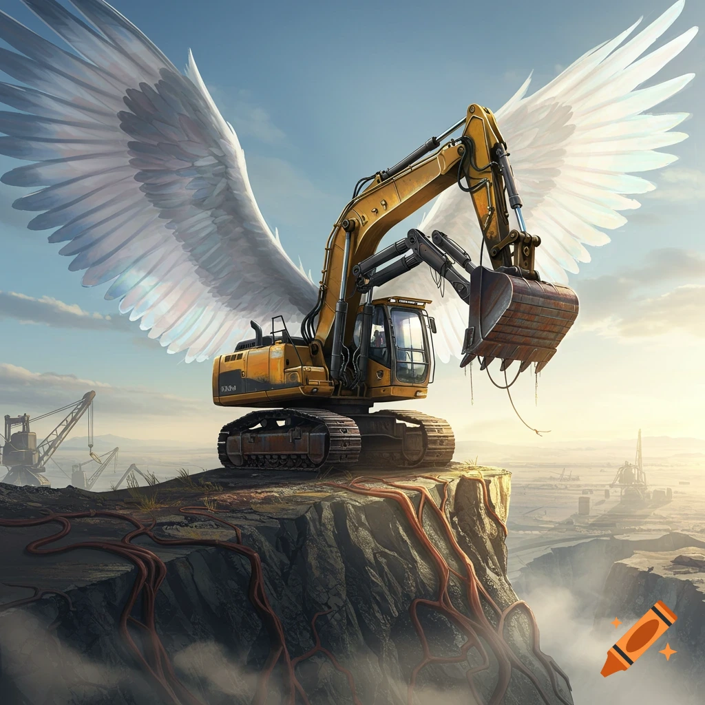 A large yellow excavator with majestic white wings stands on a rocky cliff overlooking a vast, misty landscape under a clear sky.