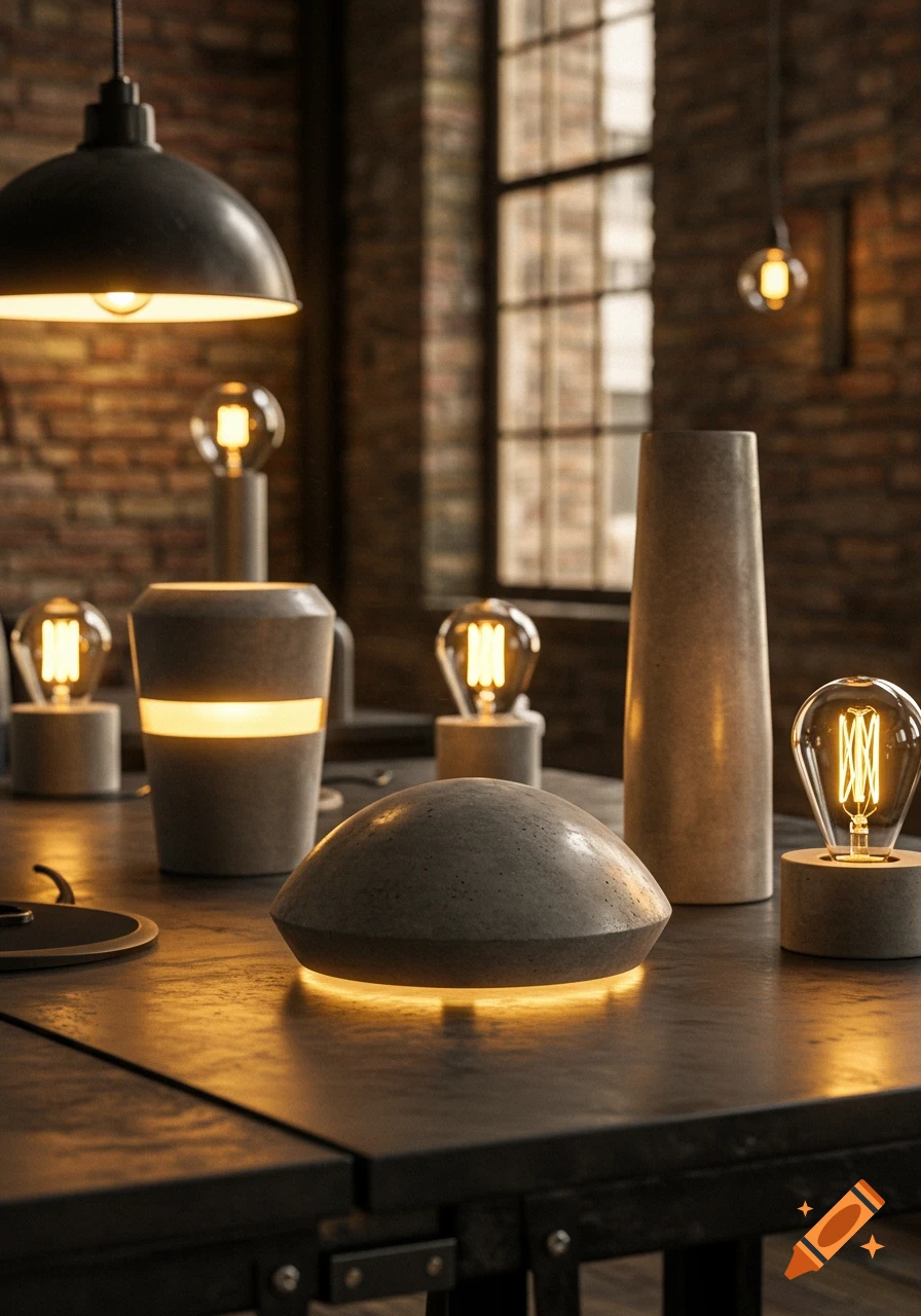 Various modern concrete and glass light fixtures, including pendant and table lamps, on a dark table in an industrial-style room.