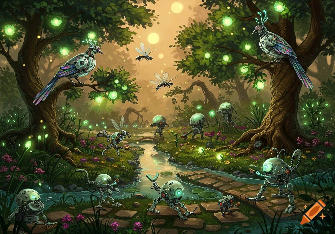 Whimsical futuristic garden with mechanical birds on glowing trees, robotic insects, and small bots near a stream.