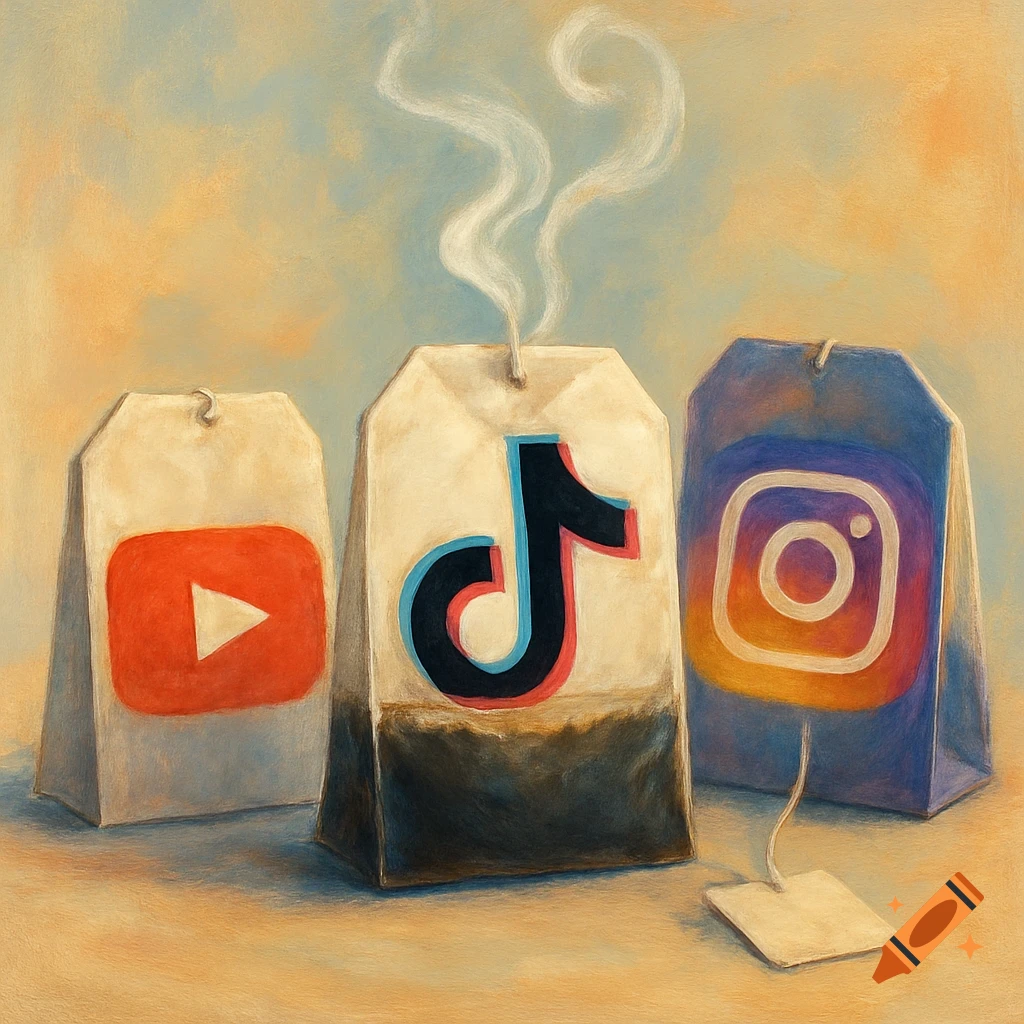 Three painterly teabags, each featuring a social media logo: YouTube, TikTok (steaming), and Instagram.