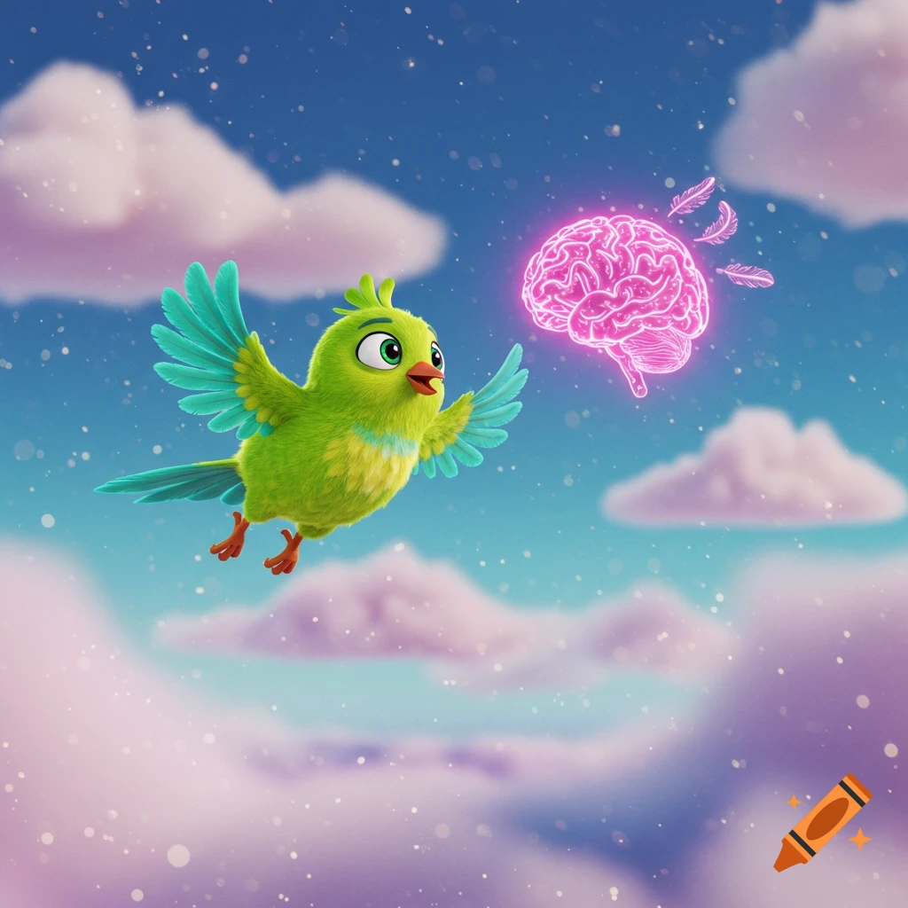 A fluffy green cartoon bird flies in a blue sky with pink clouds, looking at a glowing pink brain with feathers.