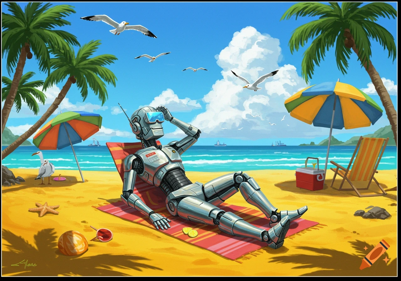 A silver robot wearing VR goggles relaxes on a red towel at a sunny beach with palm trees, seagulls, and umbrellas.