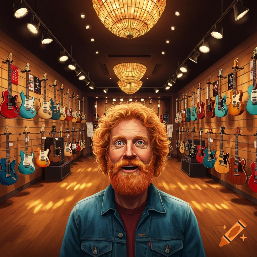 A red-bearded man with curly hair looks surprised in a brightly lit guitar store filled with many guitars on display.