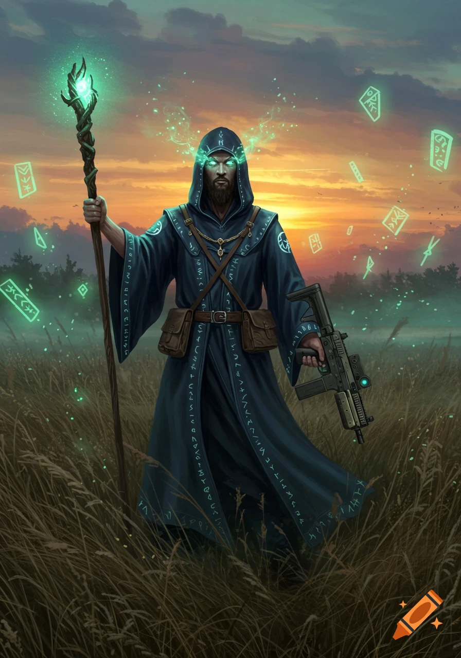 A bearded wizard with glowing eyes and a dark hooded robe holds a glowing magical staff and a P90 submachine gun in a field at sunset, with glowing runes floating around him.