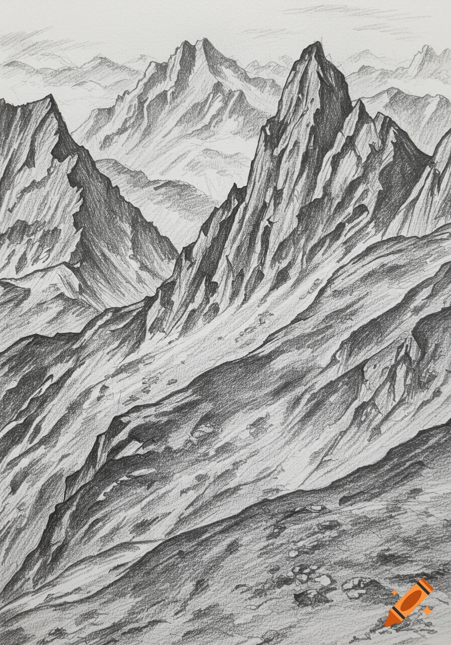 Detailed pencil drawing of jagged mountain peaks and rocky slopes under a cloudy sky.