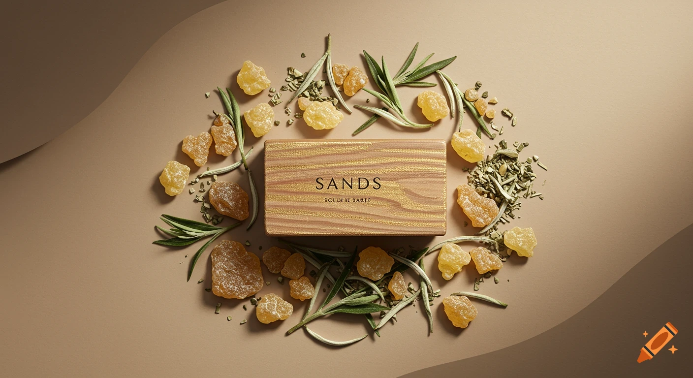 Top-down shot of a 'SANDS' fragrance box surrounded by golden resin chunks, green rosemary, and dried leaves on a beige background.