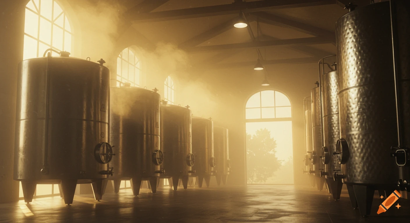Photorealistic image of a modern winery interior with large stainless steel fermentation tanks, bathed in warm, golden light from arched windows, with subtle steam in the air.