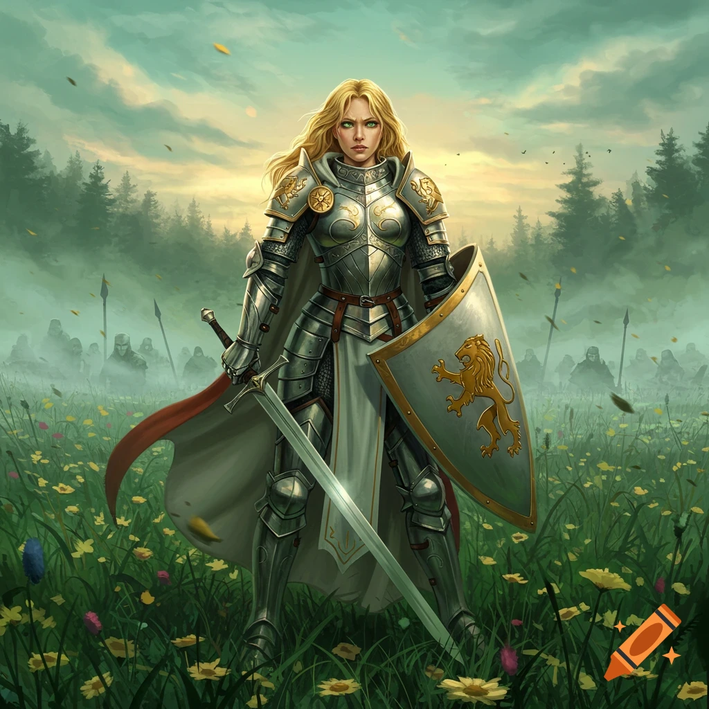 A blonde female paladin in full silver armor with a lion-crested shield and a sword, standing in a field of wildflowers with an army in the misty background.