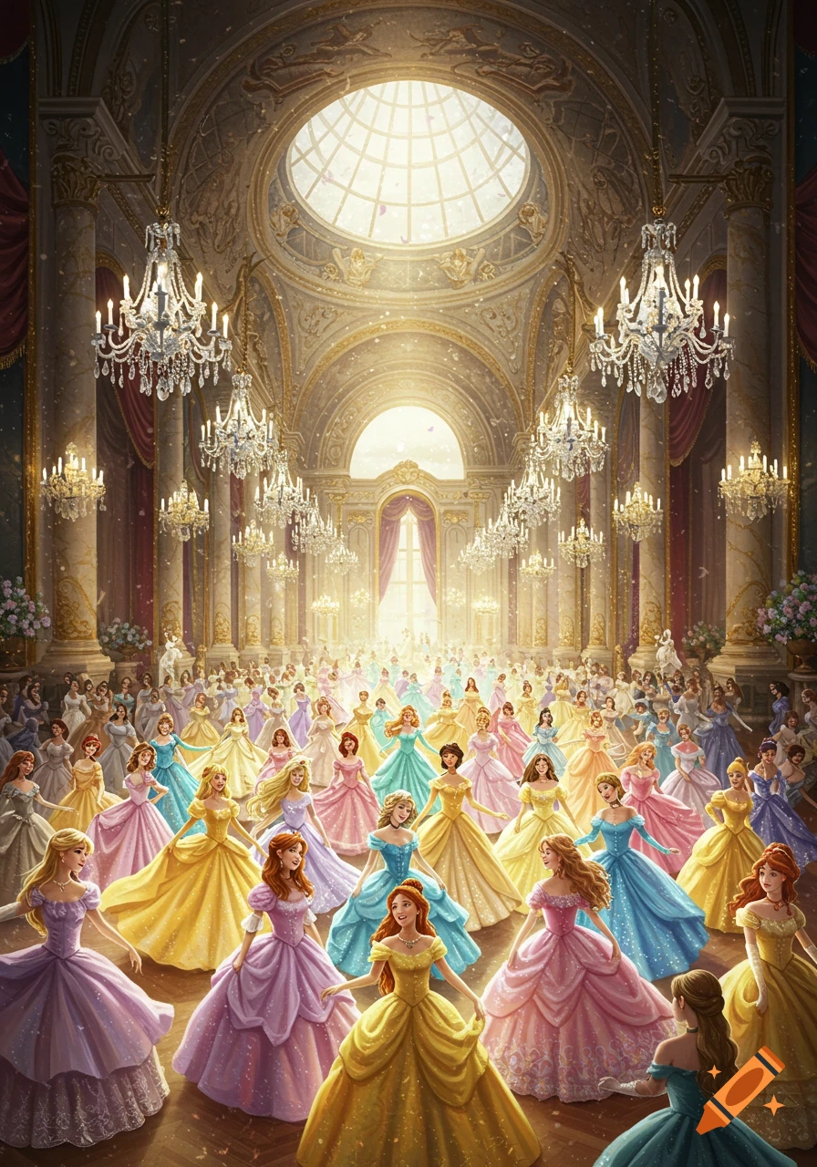 Hundreds of princesses in colorful ballgowns fill a grand, ornate ballroom with chandeliers and a skylight.