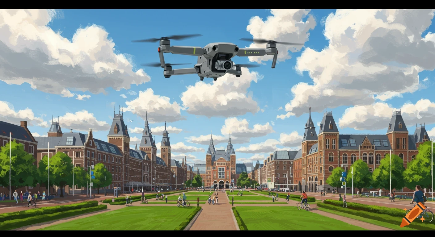 An illustration of a gray drone flying high above a European city square with historical buildings and people below.