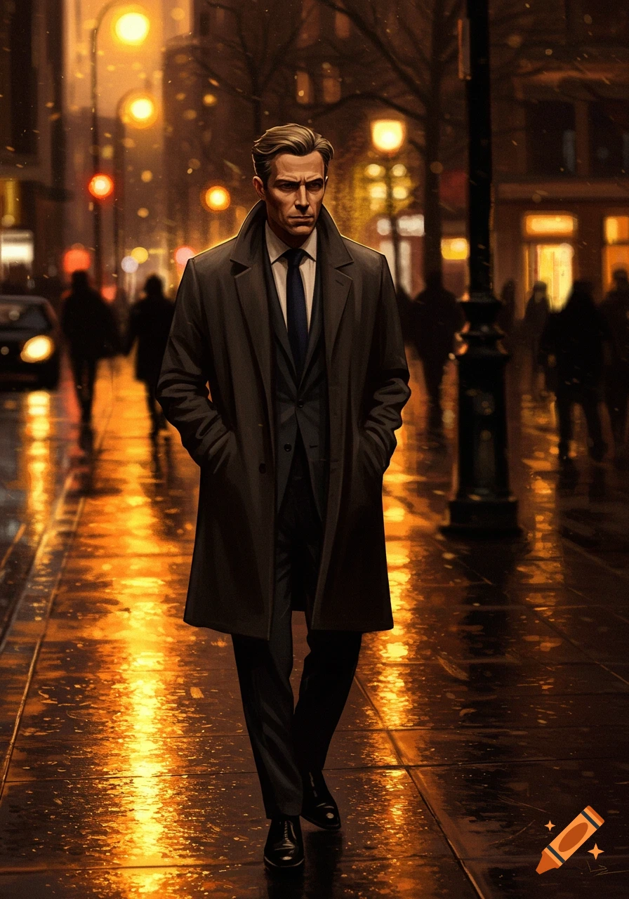 A man in a trench coat walks down a wet, glowing city street at night, with blurred lights in the background.