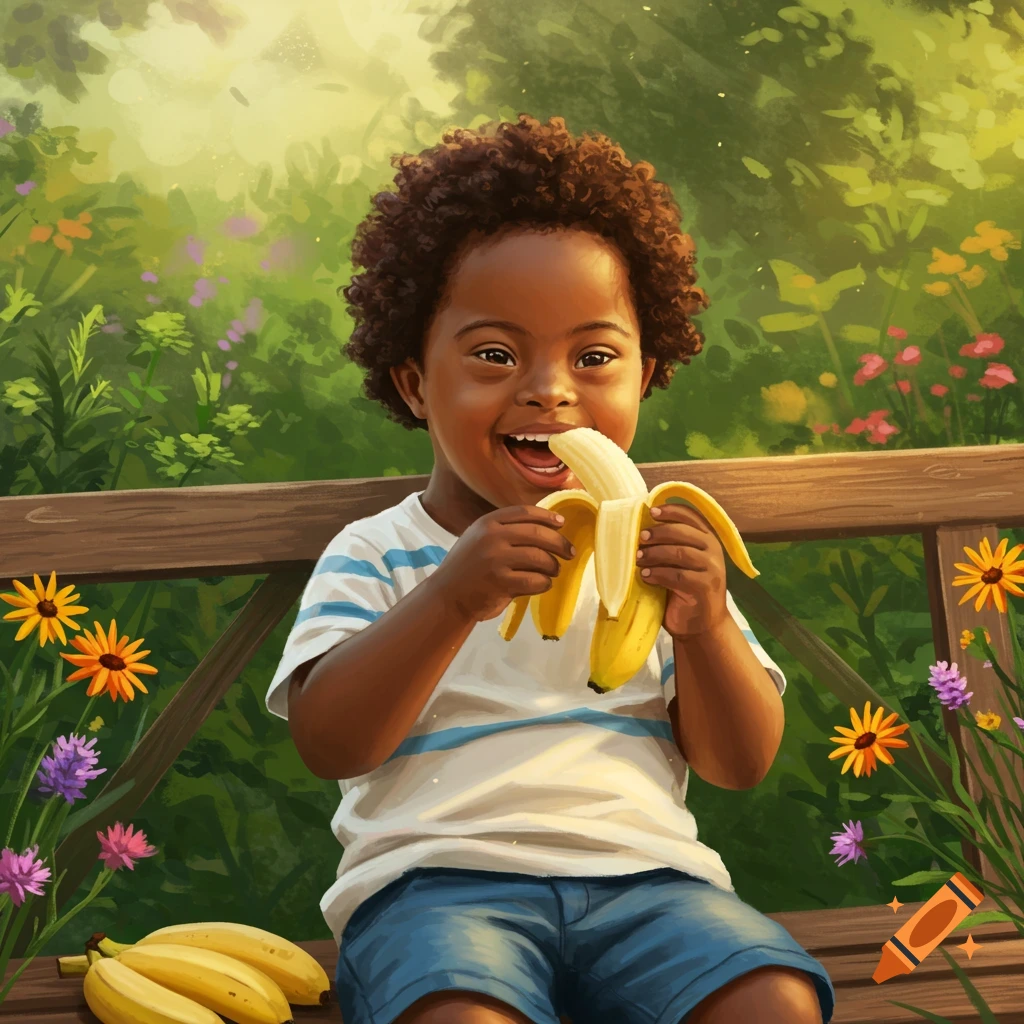 A happy Black boy with Down syndrome sits on a wooden bench in a lush garden, smiling widely while eating a peeled banana.