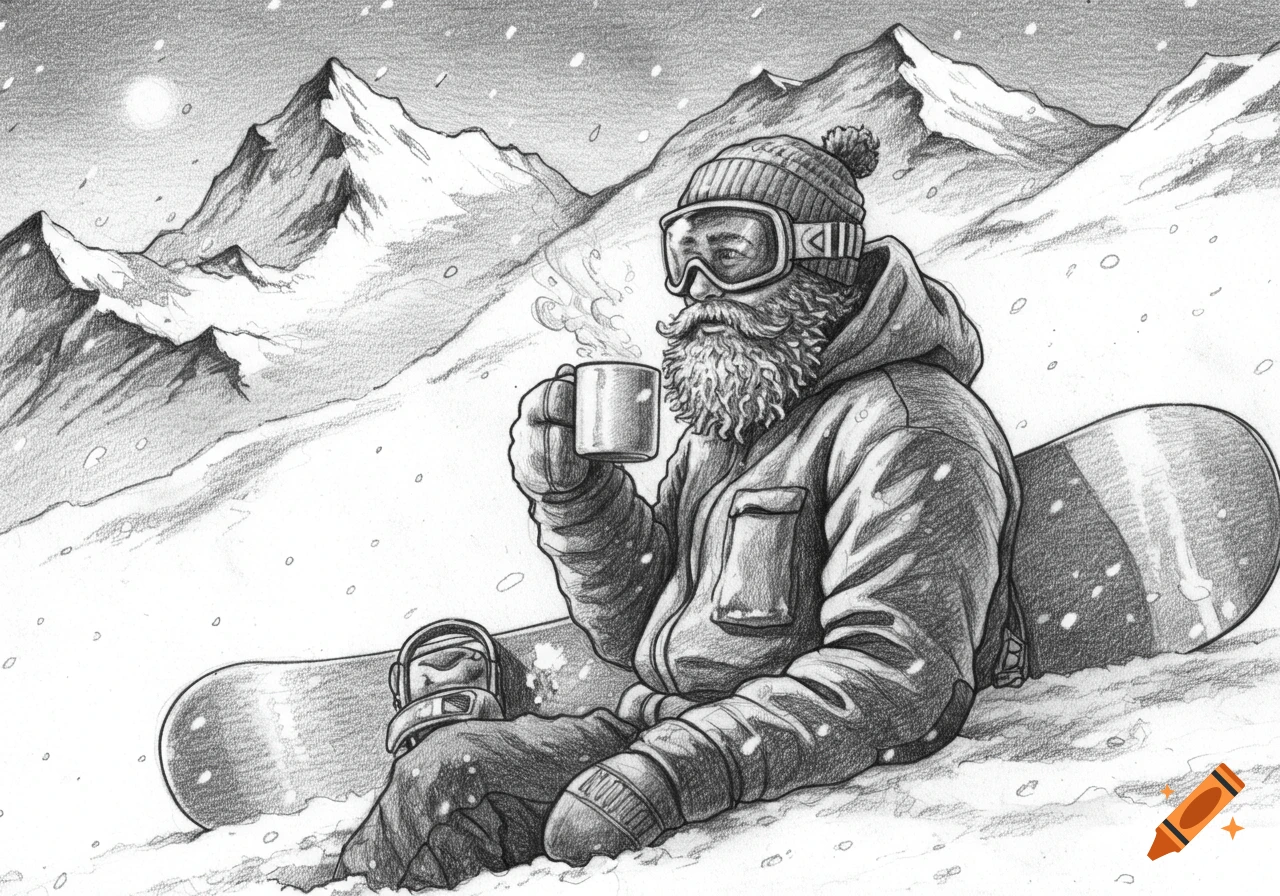 A bearded snowboarder in goggles and a beanie sits in snowy mountains, drinking from a mug, in a detailed pencil sketch.