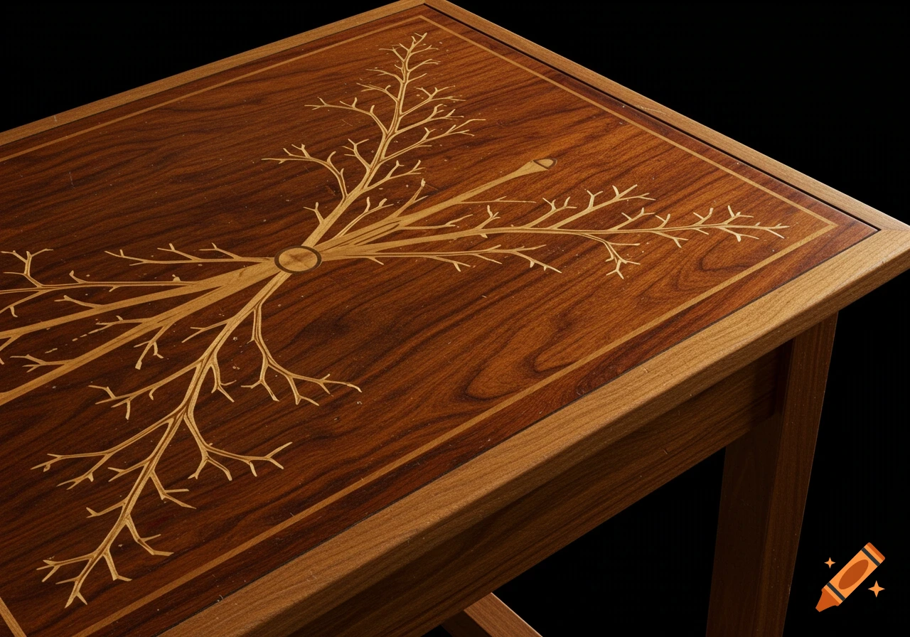 Close-up of a dark wood table with a light wood inlay design resembling branching roots or a stylized tree, against a black background.