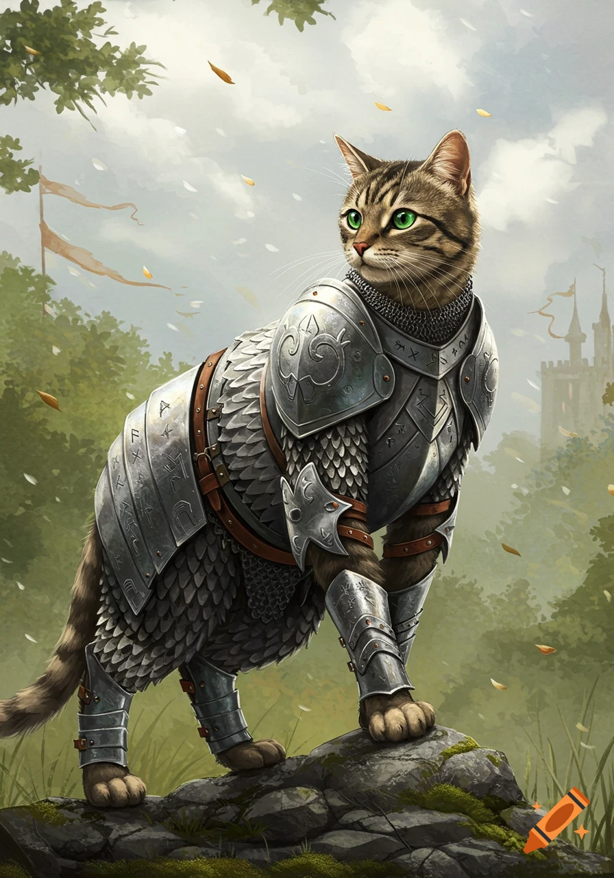 A majestic tabby cat wearing ornate medieval armor stands on a mossy rock with a distant castle.