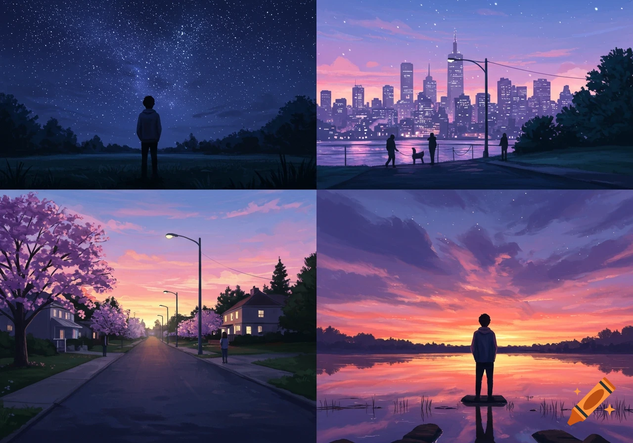 Four lofi anime-style panels: a person stargazing, a city skyline at dusk, a cherry blossom street, and a person watching a sunset over a lake.
