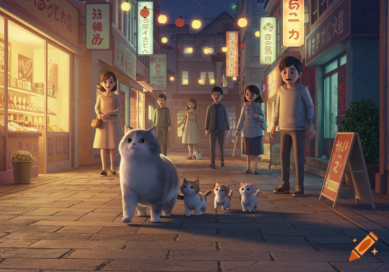 An adorable cartoon mother cat leads her kittens down a charming, illuminated street at night, with smiling pedestrians watching.