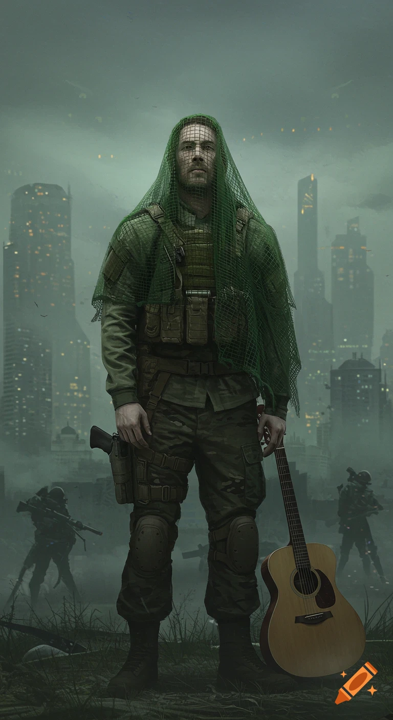 A soldier in combat gear and a green mesh veil stands with an acoustic guitar in a foggy, post-apocalyptic city.