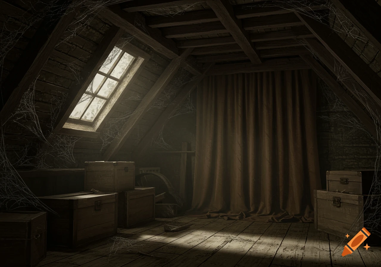 A dark, dusty attic with sun shining through a window, illuminating spiderwebs, old wooden crates, and a heavy brown curtain.