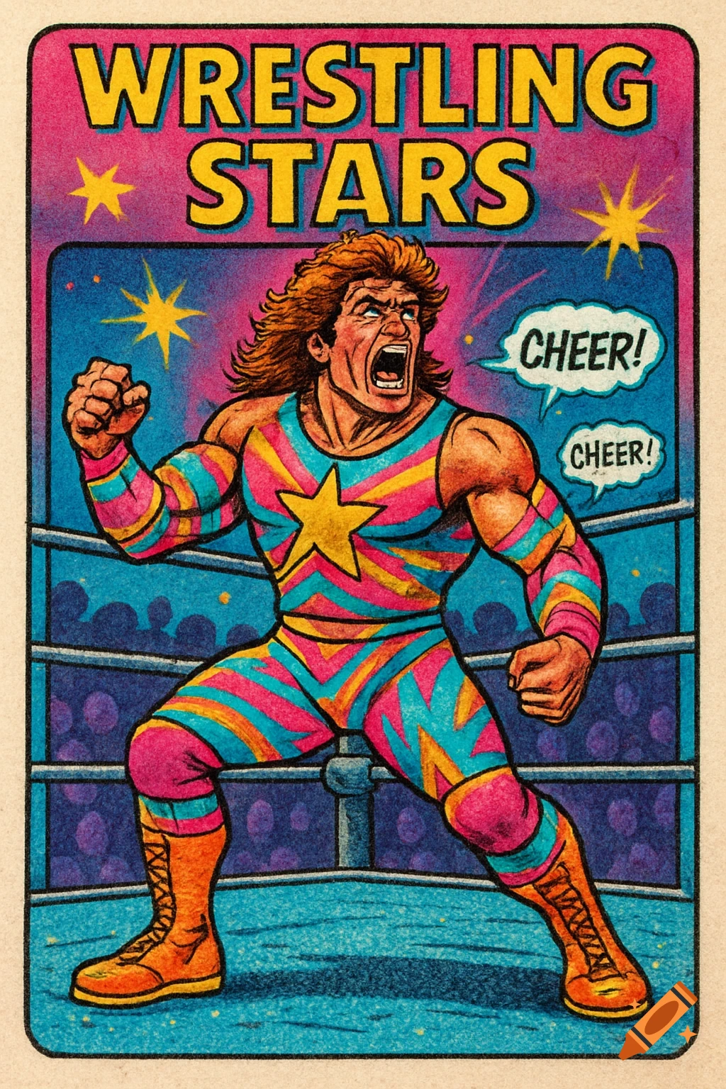 A colorful, vintage comic-style illustration of a muscular wrestler in a ring, yelling with clenched fists, with 'WRESTLING STARS' above.