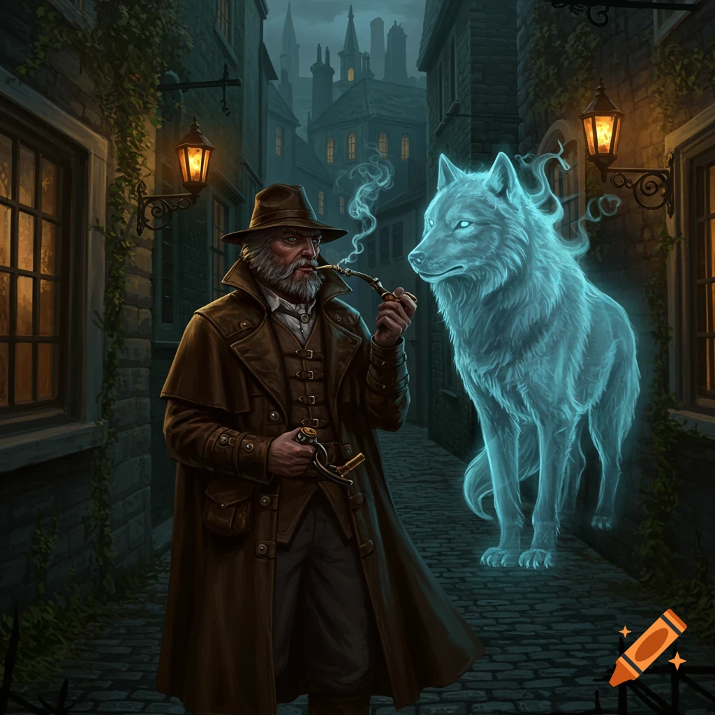 A bearded man in a trench coat smokes a pipe next to a glowing blue wolf in a dark, cobblestone alley.