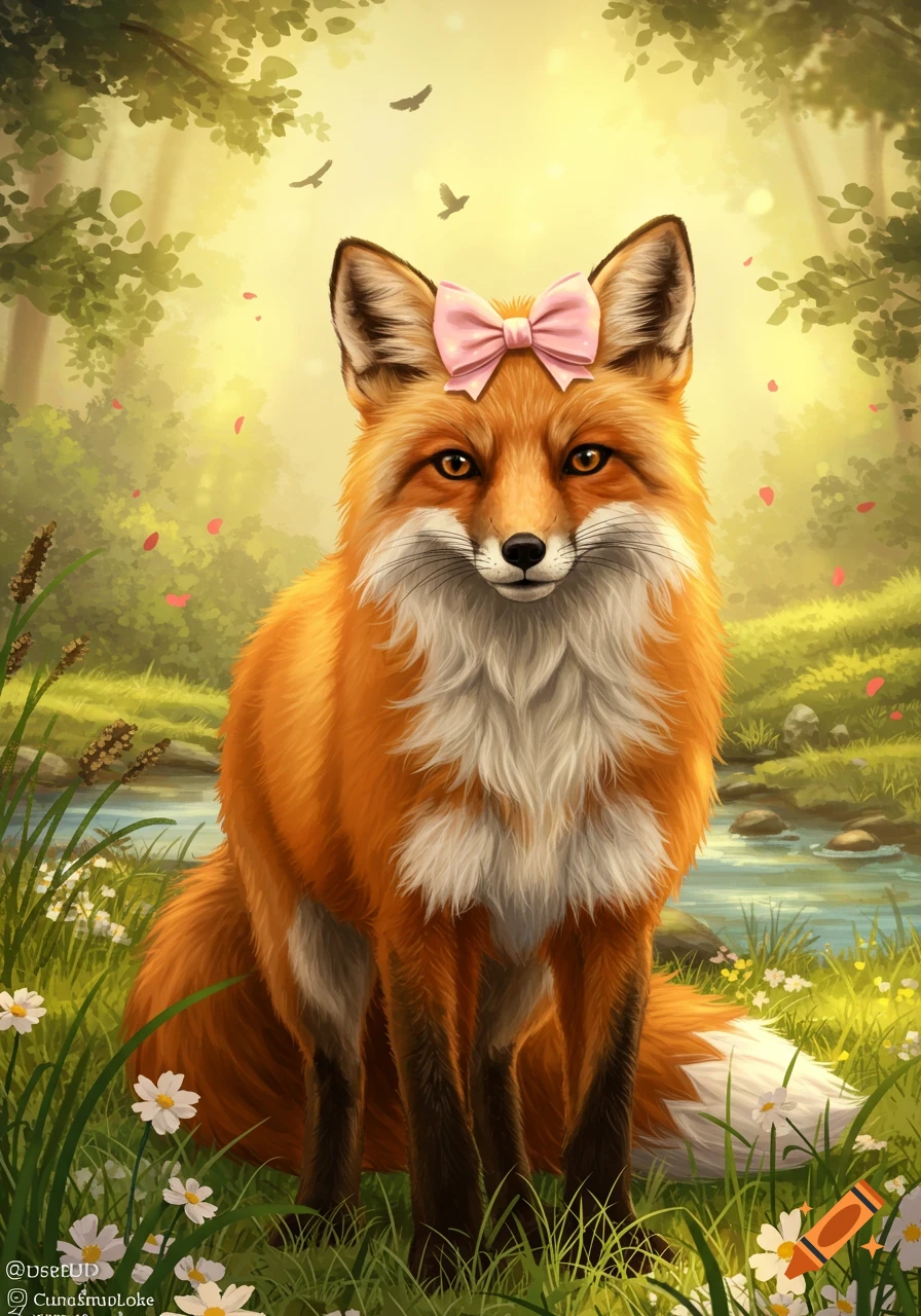 An illustrated orange fox with a pink bow sits in a sunny forest by a stream, surrounded by white flowers.