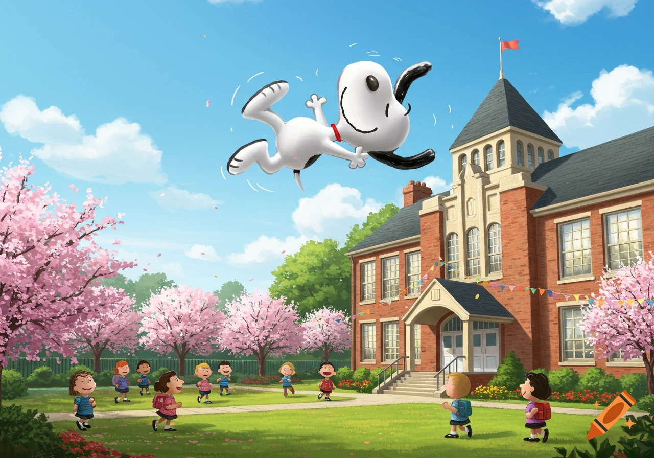 Snoopy joyfully flying over an elementary school surrounded by cherry blossom trees as children play on a sunny day in a cartoon style.