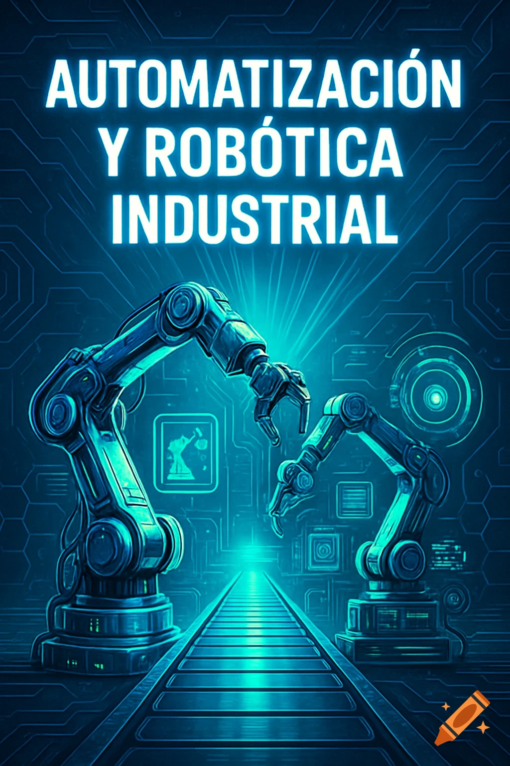 Two futuristic robotic arms over a conveyor belt with a circuit board background and text 'AUTOMATIZACIÓN Y ROBÓTICA INDUSTRIAL'.