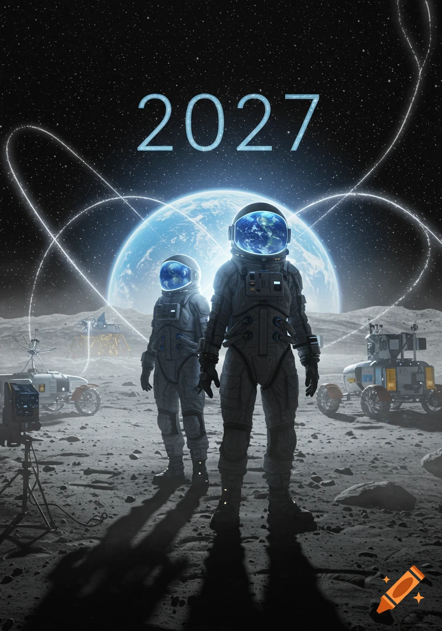 Two astronauts stand on the lunar surface with various rovers and landers, under a starry sky with a large Earth in the background and the number "2027" glowing above.