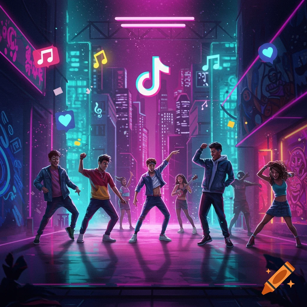 A group of young people dance on a neon-lit city street with a large TikTok logo and music notes floating around.