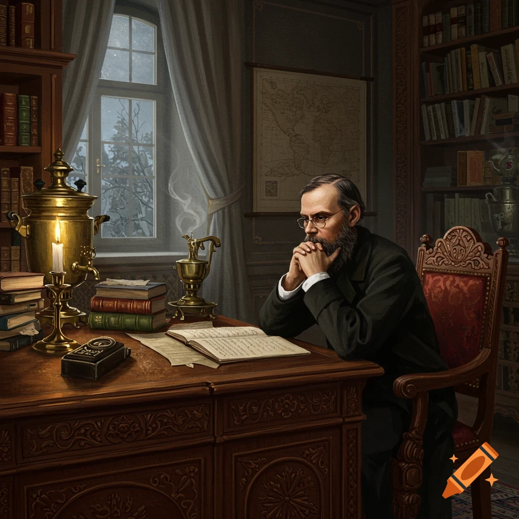 A serious, bearded man with glasses sits at a desk in a lamp-lit study, surrounded by books and a window revealing a snowy night.