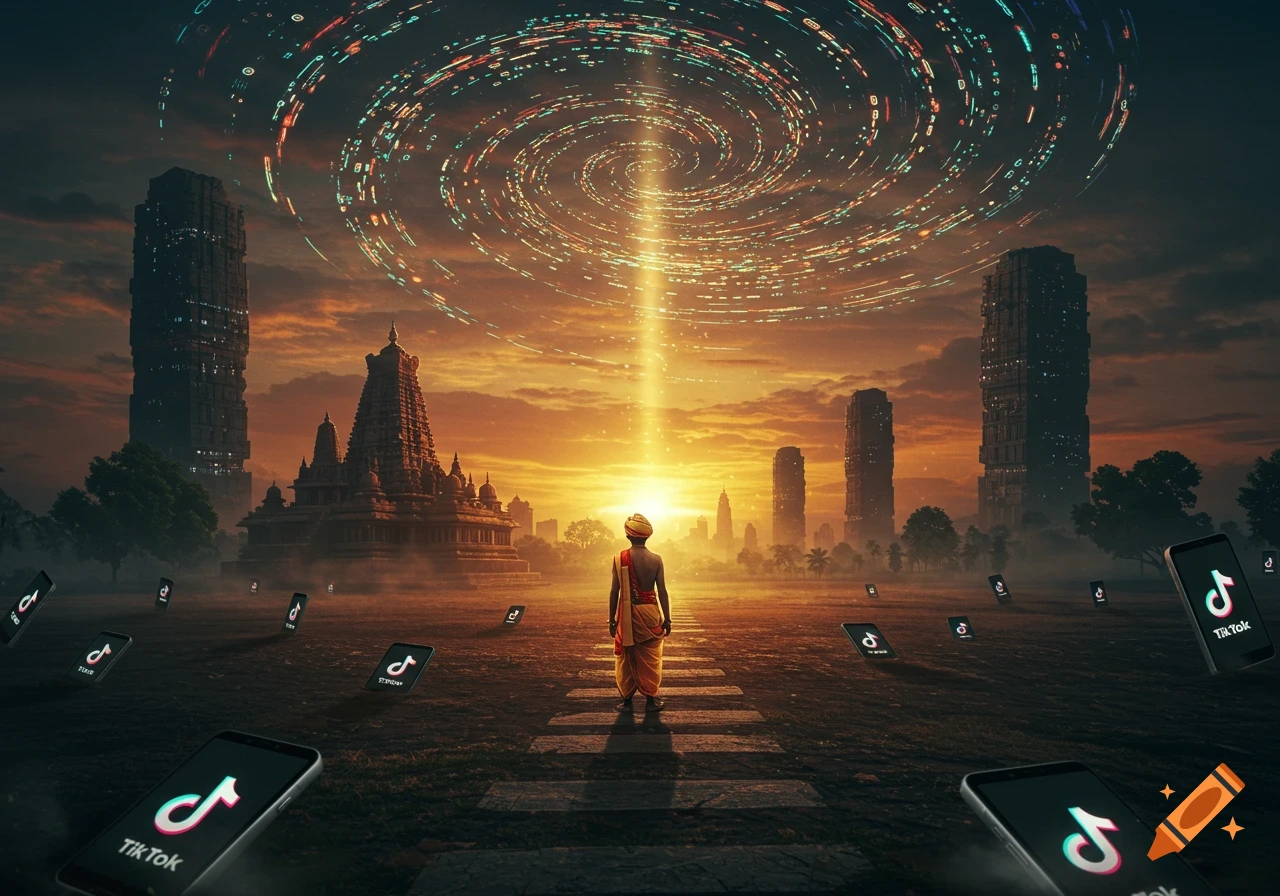 A figure in traditional Indian attire faces a light beam and digital vortex in a surreal landscape with temples, skyscrapers, and floating TikTok phones.