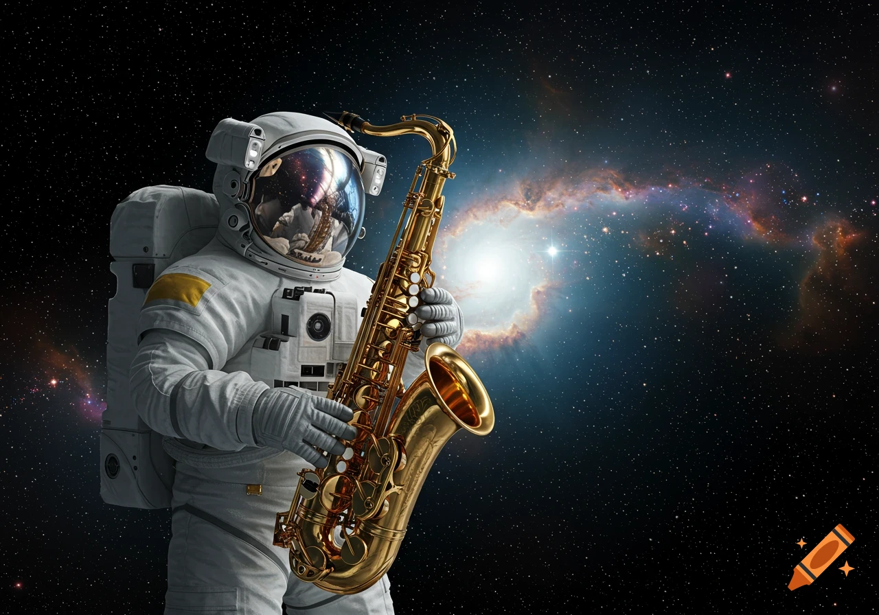 An astronaut in a white suit plays a golden saxophone in the vastness of space, surrounded by stars and a glowing nebula.