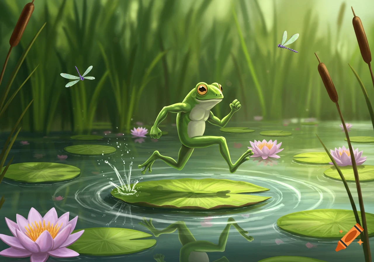 A cartoon frog runs across a lily pad in a pond, splashing water, surrounded by lily flowers, dragonflies, and cattails.
