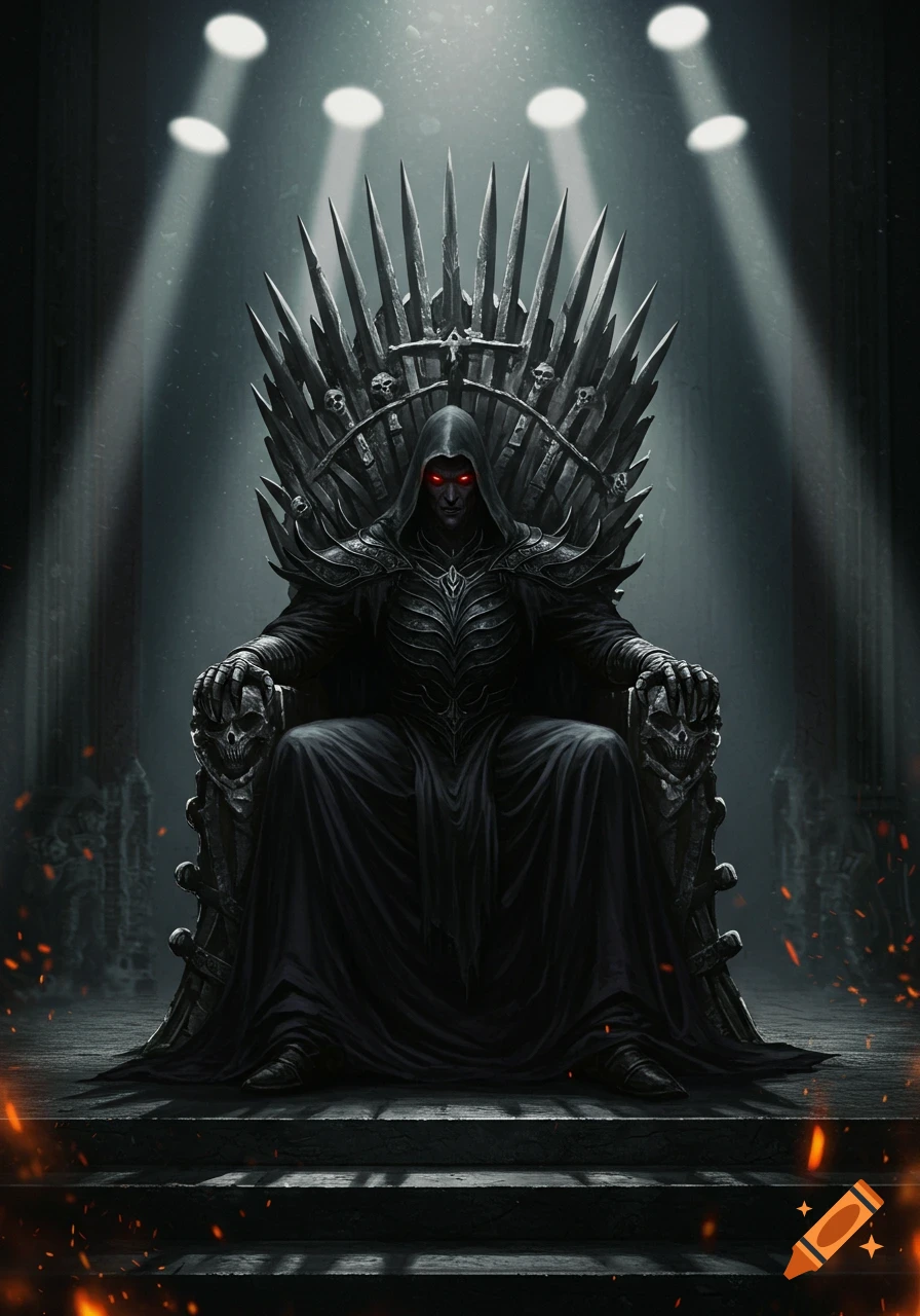 A dark hooded villain with glowing red eyes sits on a menacing spiked iron throne in dramatic lighting.