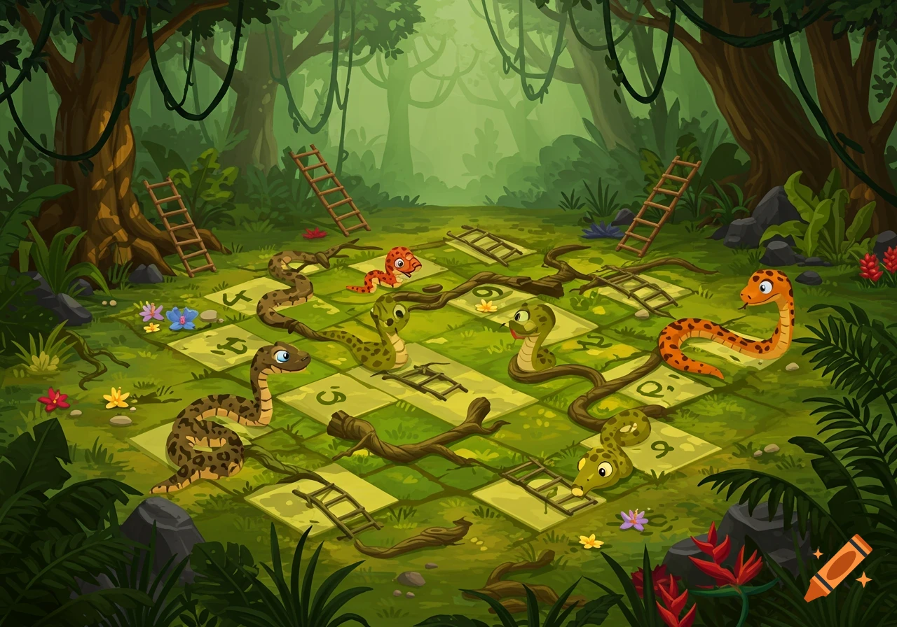 Cartoon jungle scene of a Snakes and Ladders game with colorful cartoon snakes, ladders, and vines on a checkered path.