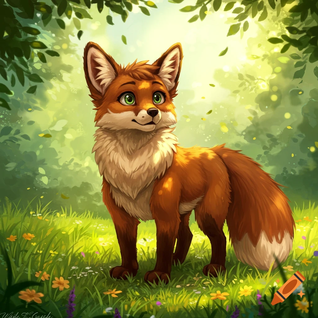 A cute, cartoon-style brown fox with green eyes stands in a vibrant, sunlit forest clearing with green grass and wildflowers.