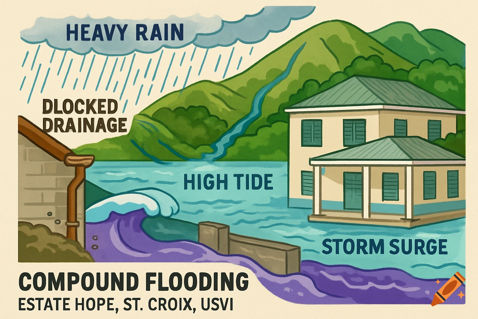 An illustrative diagram of compound flooding in Estate Hope, St. Croix, USVI, showing heavy rain, blocked drainage, high tide, and storm surge affecting houses near mountains.
