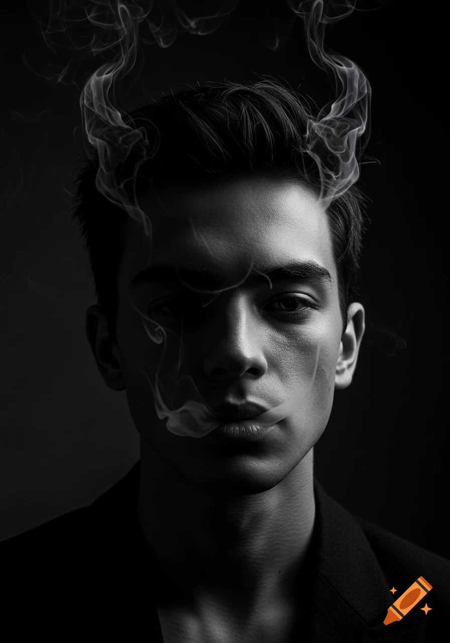 A black and white photorealistic portrait of a young man with dark hair, exhaling smoke that forms devil horns above his head, against a dark background.
