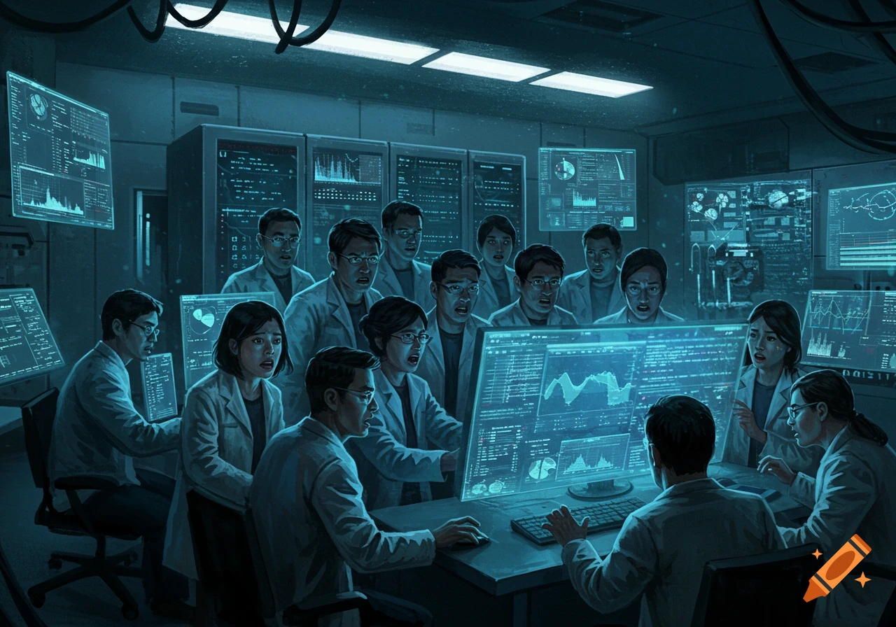 Distraught scientists in lab coats observe glowing computer screens displaying data in a dark, high-tech control room.