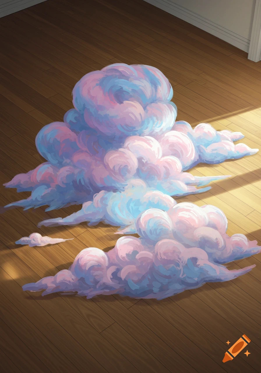 Illustration of abstract, pastel pink and blue clouds scattered across a sunlit wooden floor in a room.