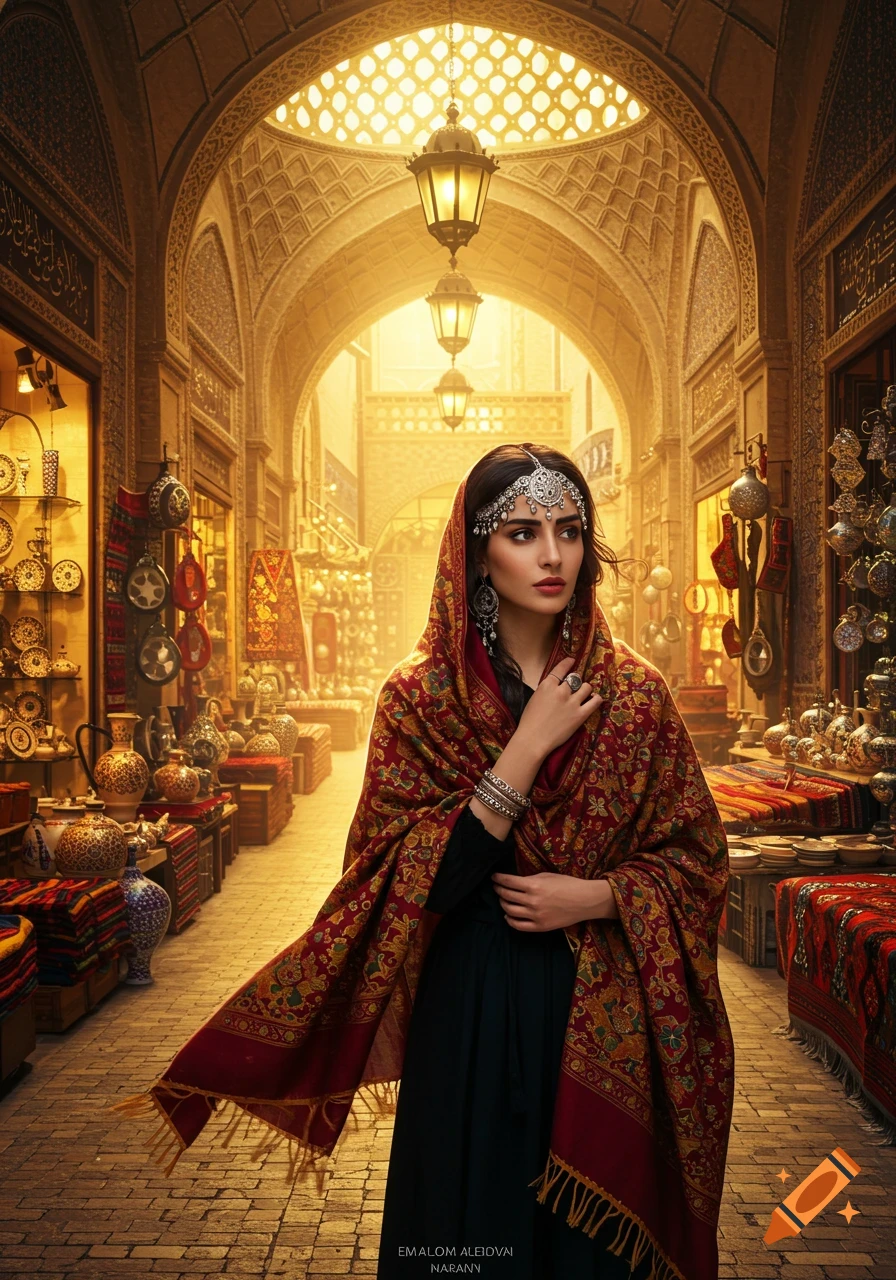 A photorealistic image of a woman in a red patterned shawl and ornate silver headpiece standing in a bustling, golden-lit bazaar.